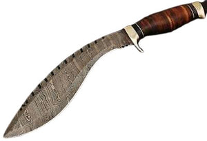 Damascus Steel Blade Kukri Hunting Knife, Leather Handle - Overall 15.25