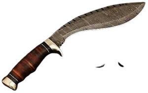 Damascus Steel Blade Kukri Hunting Knife, Leather Handle - Overall 15.25" Inches