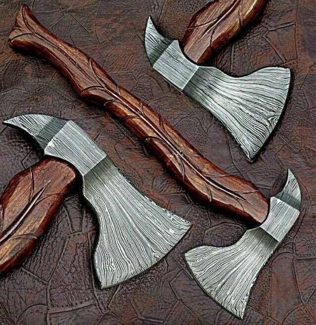 Custom Handmade Damascus Steel Burl Wood Axe Hatchet Tomahawk  MB-0030