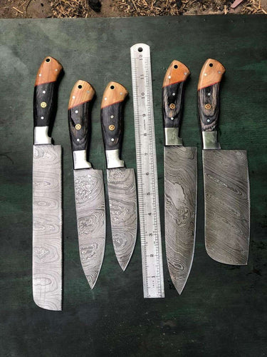 Custom Handmade - Beautiful  Damascus  steel chef knives set MB0-0082