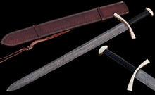 Load image into Gallery viewer, Custom Handmade Damascus steel Vikings sword model quality premium Cow hide
