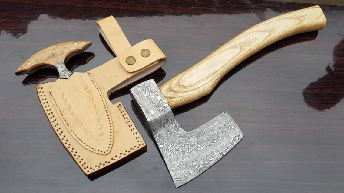 Custom handmade Damascus steel Axe+knife fix in one leather sheet