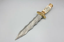 Load image into Gallery viewer, Hunting knife Handmade Damascus Steel Hunting Dagger Knife with Scrimshaw on Bone Handle