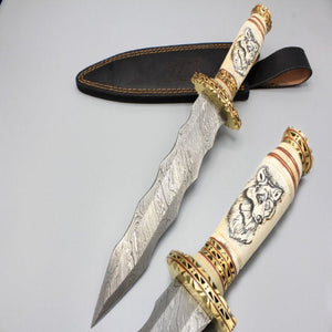 Hunting knife Handmade Damascus Steel Hunting Dagger Knife with Scrimshaw on Bone Handle