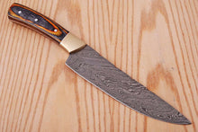 Load image into Gallery viewer, CUSTOM HAND FORGED DAMASCUS STEEL CHEF KNIFE W/ WOOD AND BRASS HAndle
